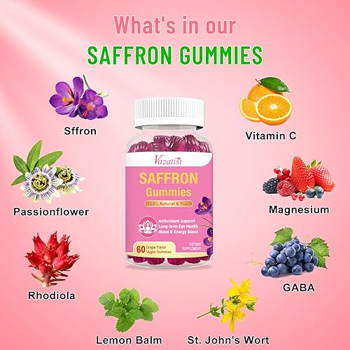 Miniatura 2 de Gomitas de azafrán natural, suplemento de azafrán sin azúcar con extracto de azafrán de 100 mg, magnesio, GABA, rodiola, estado de ánimo, enfoque,