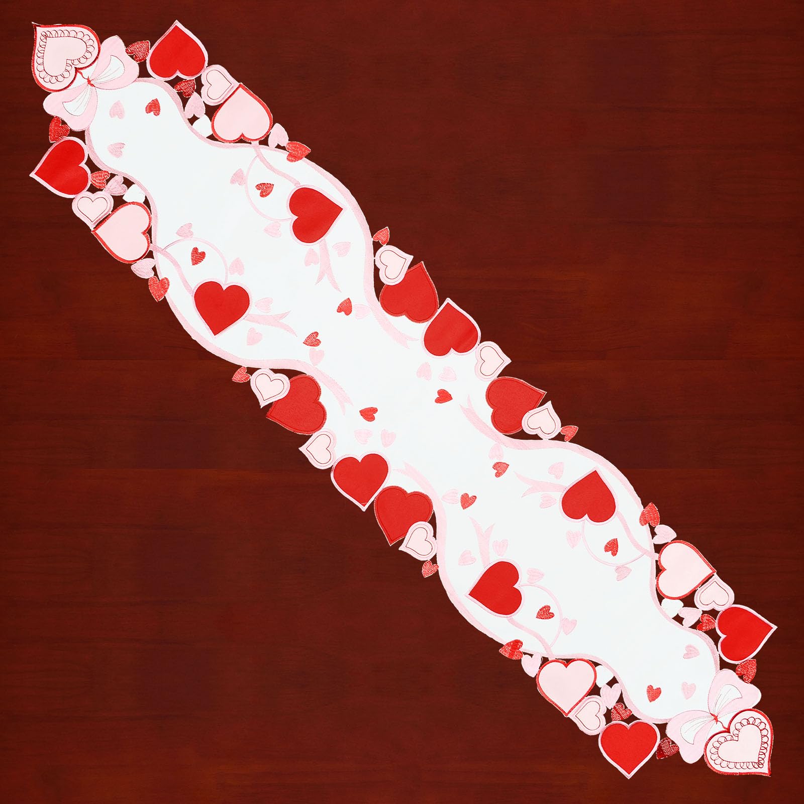 Simhomsen Embroidered Love Heart Table Runner - Red Satin For Valentine's Day, Weddings, Anniversaries