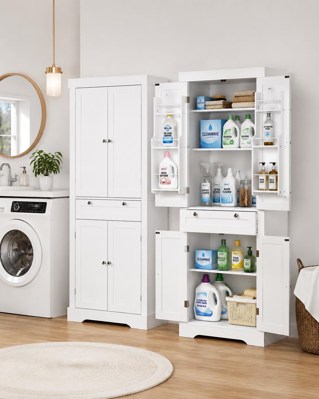 Credenza Cucina Alta, Mobile Dispensa Alto 4 Ante e Cassetti con Ripiani Regolabili e Portaspezie sulla Porta, Colonna Bagno Alta e Stretta per Salvaspazio, 76x40x182cm