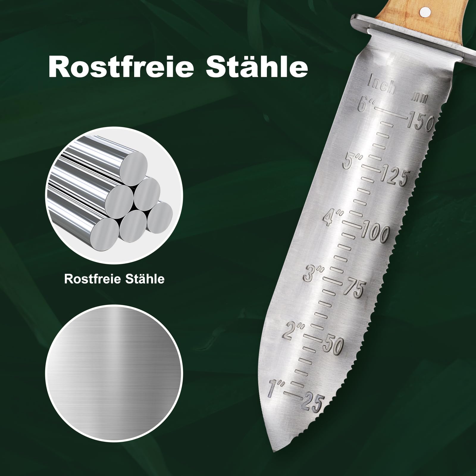 Gartenmesser, Grabungsmesser mit Lederhülle zum Graben, Pflanzen und Beschneiden, Ideales Gartengerät mit 150-mm-Tiefenmarkierung.