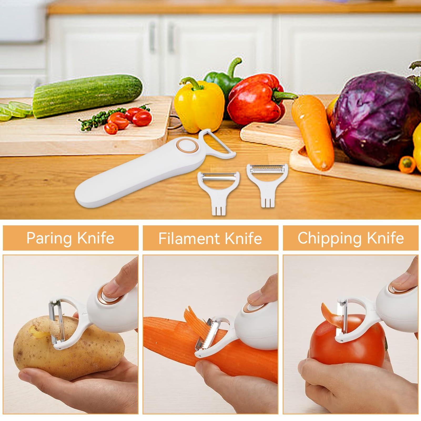 Electric Potato Peeler, Handheld Vegetable Peeler Set with 3 Interchangeable Blade Heads USB Rechargeable Veggie Fruit Peeler for Pears, Carrots, Cucumber