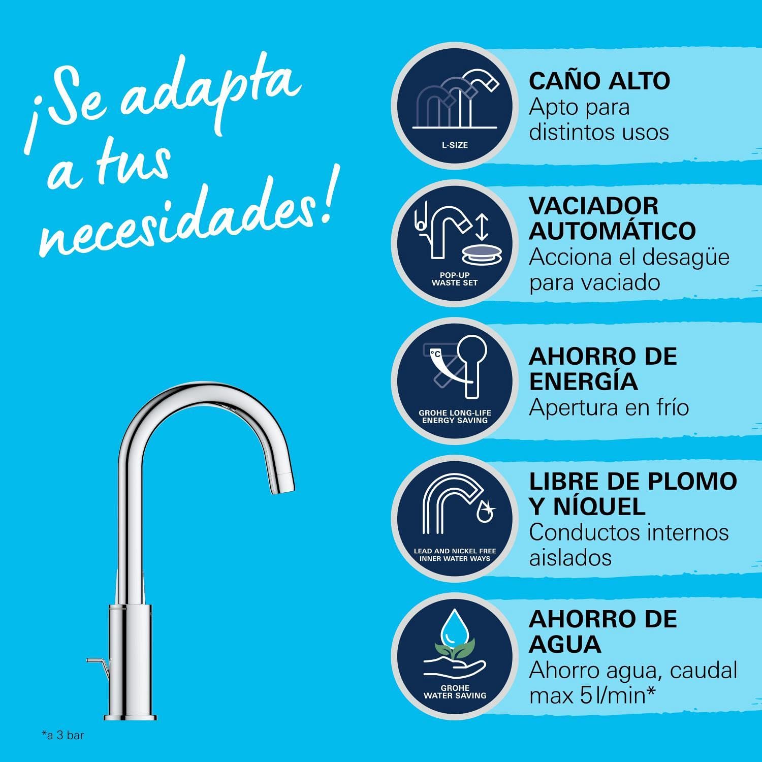 GROHE Swift Quickfix-Monomando de lavabo de 1/2" Tamaño L, Cromo, Menor consumo de energía/agua 24330001
