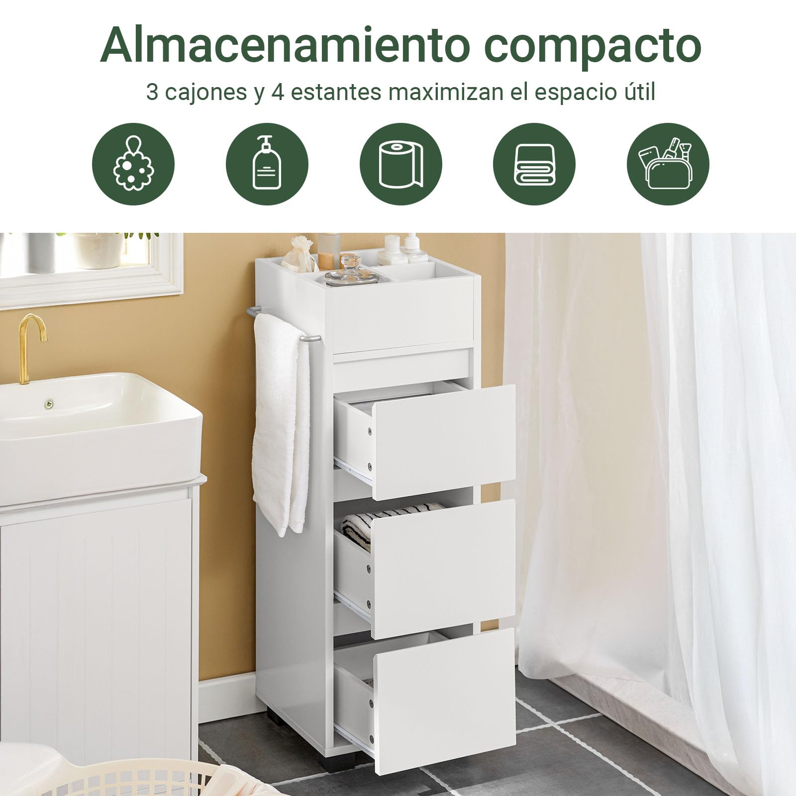 SoBuy Mueble Baño Estrecho– Armario Estrecho con 3 Cajones, 4 Compartimentos, Toallero – Cajonera Baño compacta Adecuada para Espacios reducidos Blanco, 30x90x30 cm, BZR29-W