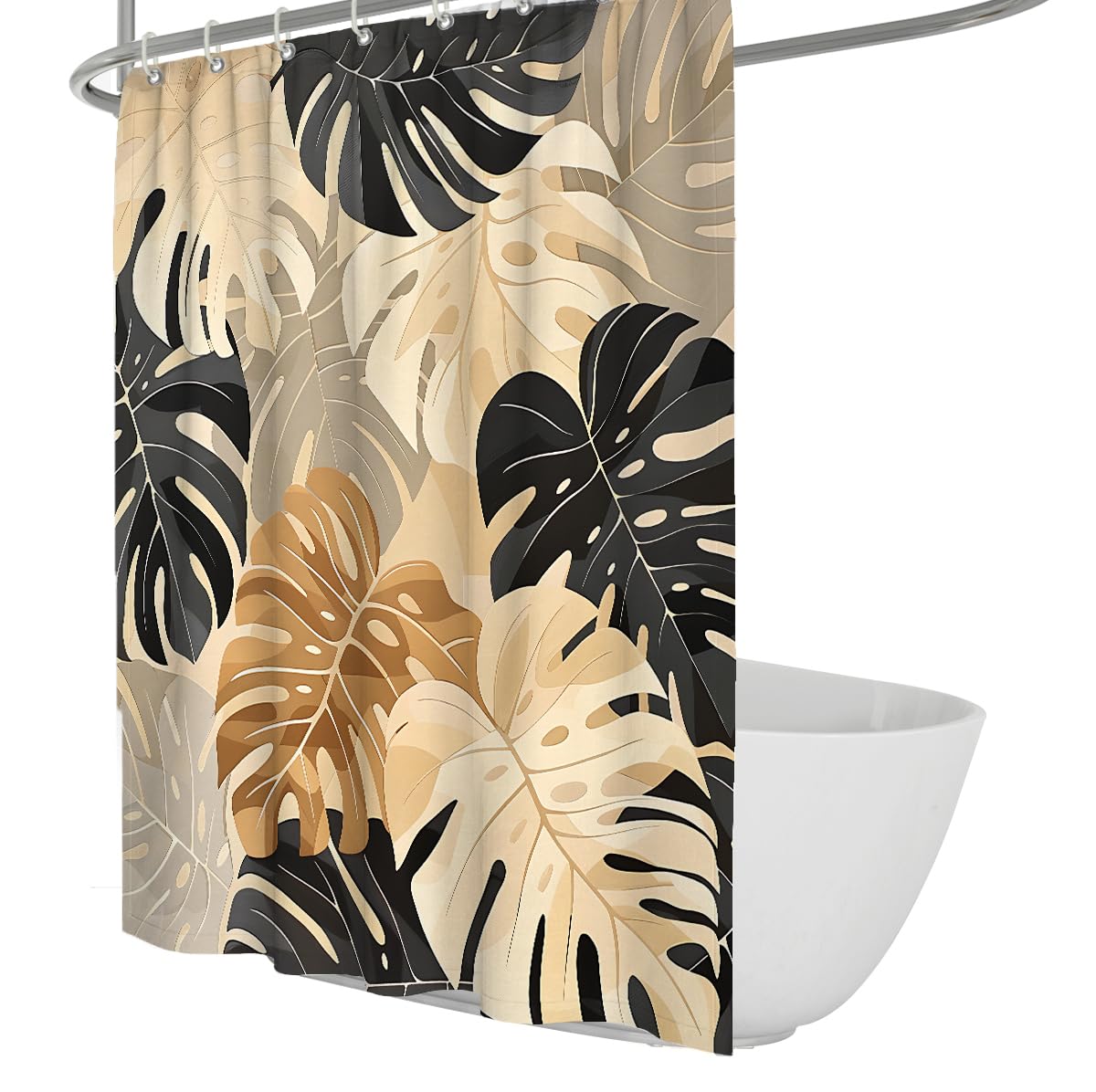 UIRINGART Black Gold Palm Leaves Shower Curtain W100xL200cm Modern Abstract Polyester Washable Bathroom Drapery Water Repellent Bath Screen with hooks
