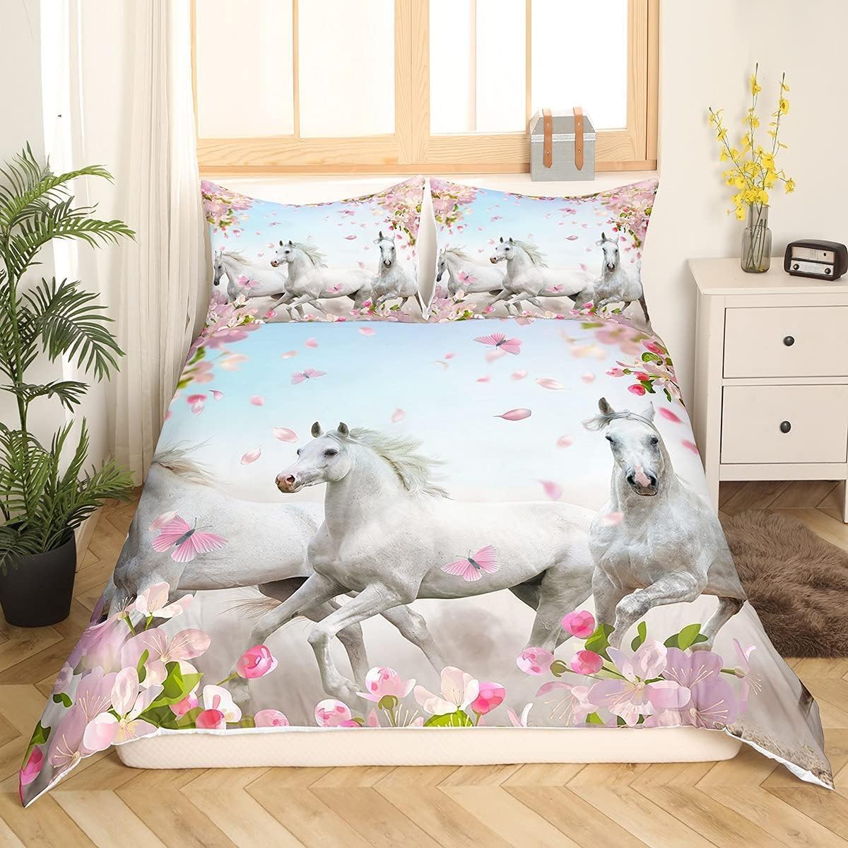 Loussiesd Single Girl Horse Bedding Set Flying Horse Set White Duvet Cover Cherry Blossoms Pink Flowers Duvet Cover 3D Wildlife Bedroom Decoration - Image 2