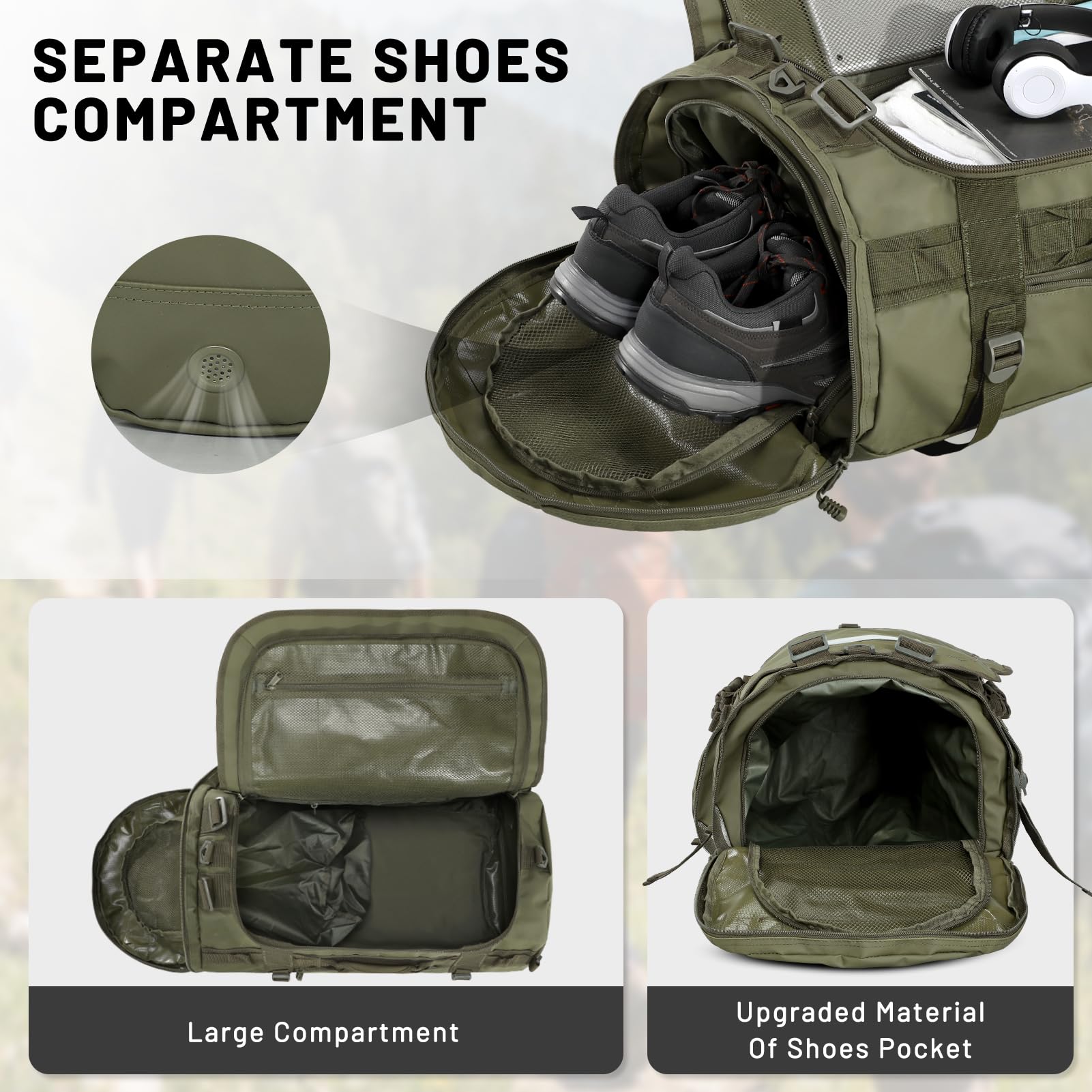 MIER Grande borsone sportivo da palestra con scomparto per scarpe, resistente e impermeabile, verde scuro, 90 l