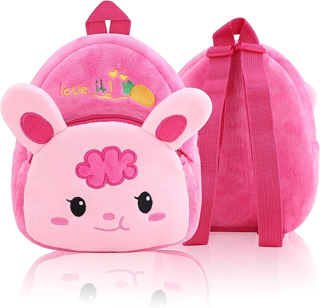 Cute Cartoon Toddler Backpack,Mini Pink 3D Comfy Soft Plush Rabbit School Bag,23x20cm Rucksack Cute Animal Preschool Backpack for Girl Gift