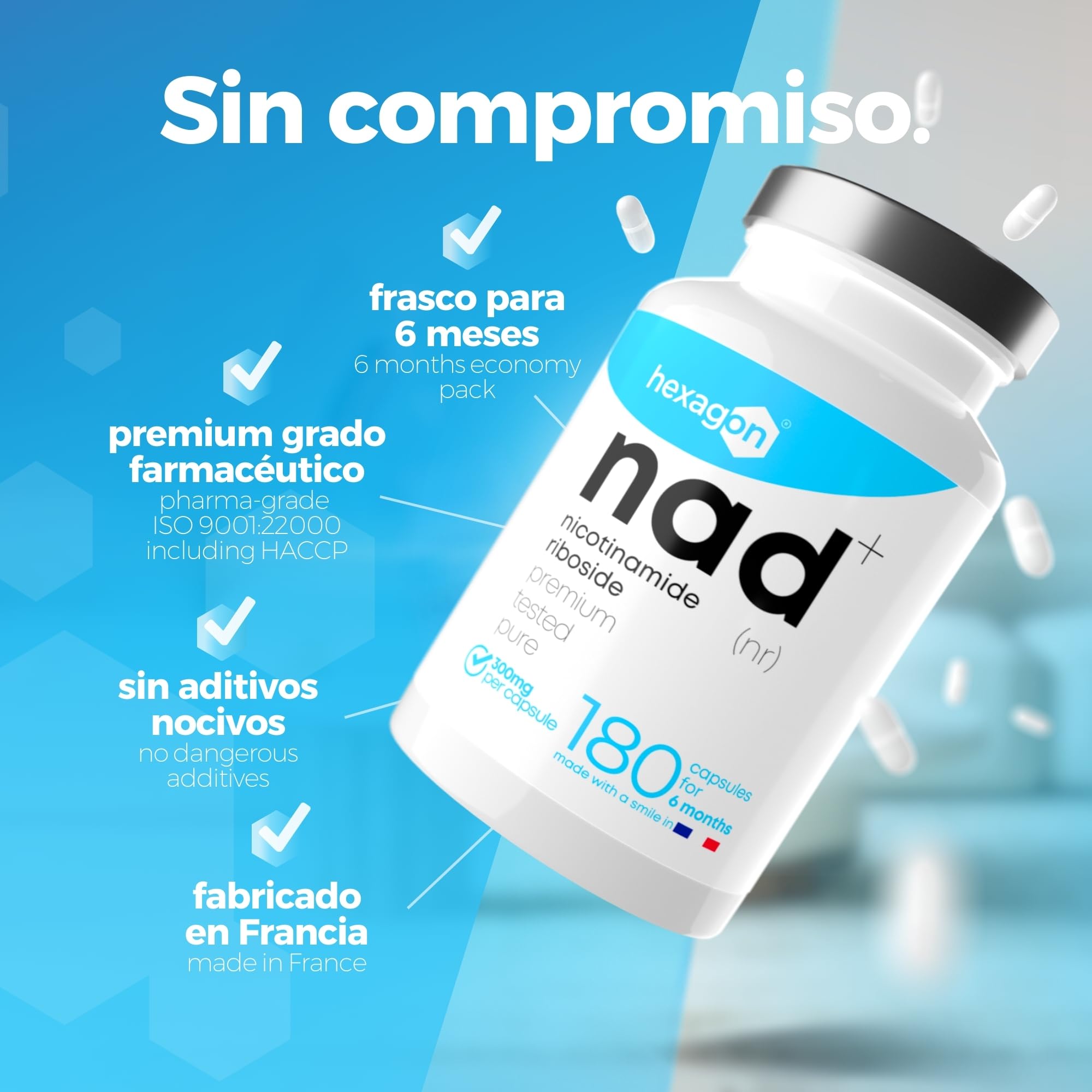 NAD+ Nicotinamide Riboside Chloride 300mg - +6 Meses de Cura - Contra la Edad y la Fatiga, NAD Booster - Polvo Puro, 180 Cápsulas - Grado Farmacéutico - Vegano - Hexagon