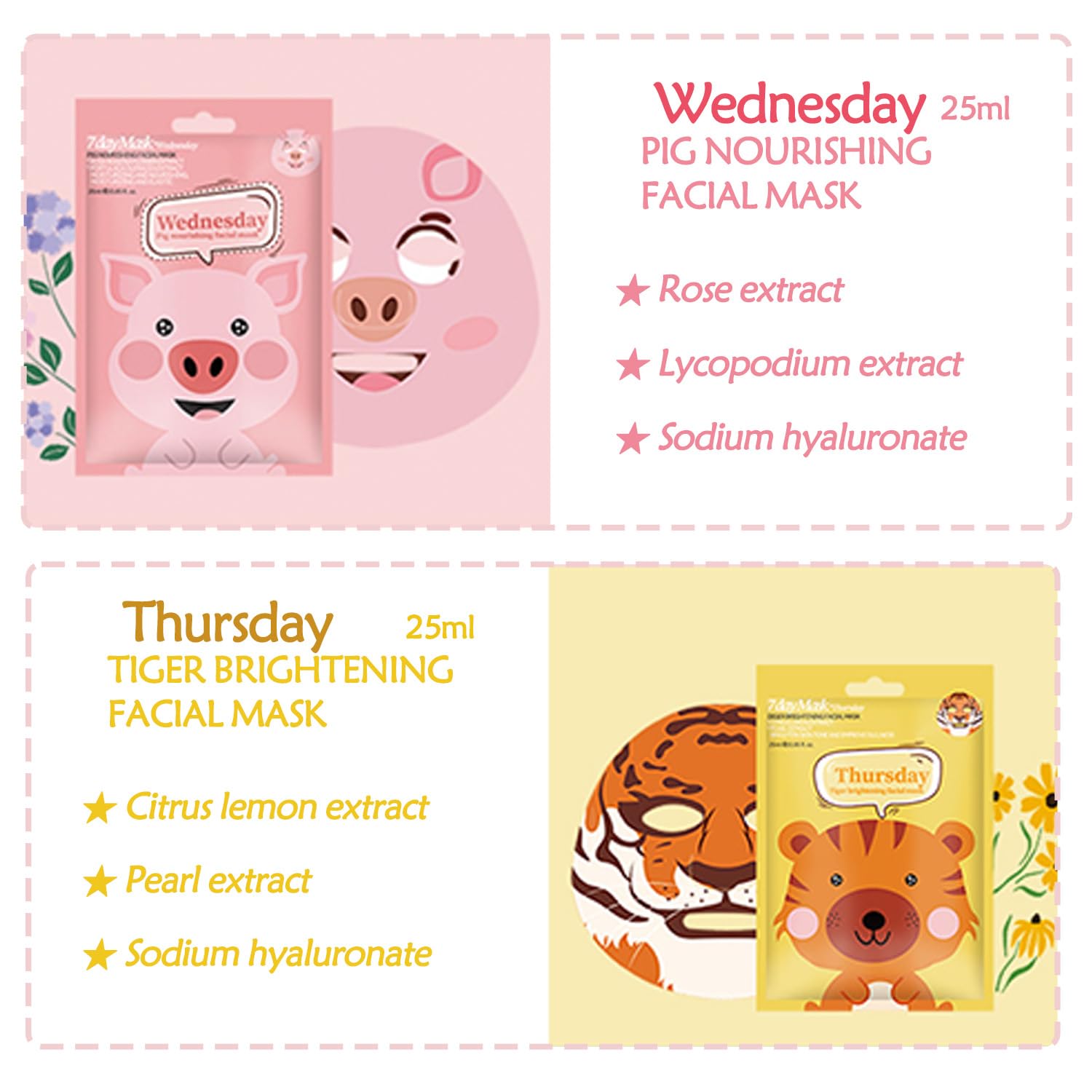 Sheet Face Mask Set, 7-Pack Hydrating & Moisturizing Facial Masks, Fun Animal Print for Kids & Girls - Image 4
