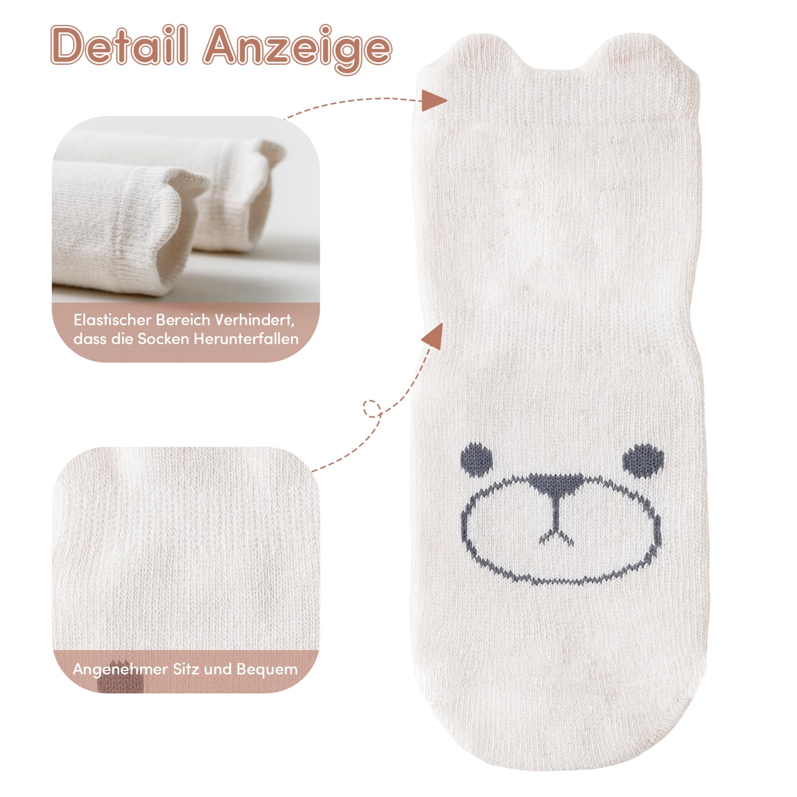 SockWaddles Stopper Socks Children Baby 5 Pairs ABS Breathable Non-Slip Socks Children, Crawling Socks Baby Cotton, Boys and Girls Crew Socks with Animals, White Bear, 1-3 Jahre 2