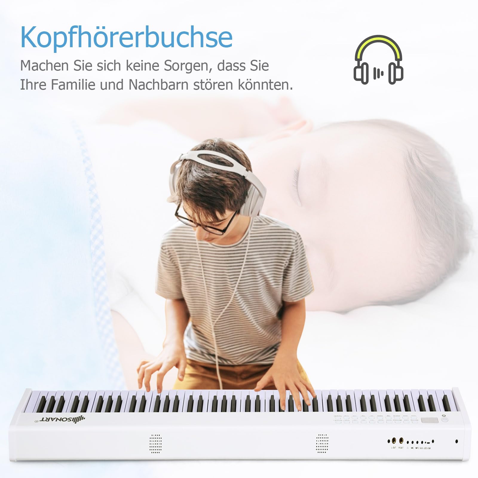 DREAMADE Keyboard Piano mit Bluetooth, E Piano 88 tasten mit 128 Rhythmen/Klänge & 20 Demo-Songs, Digital Piano mit einstellbarer Tastenstärke & Sustain Pedal & Tragetasche (Weiß)