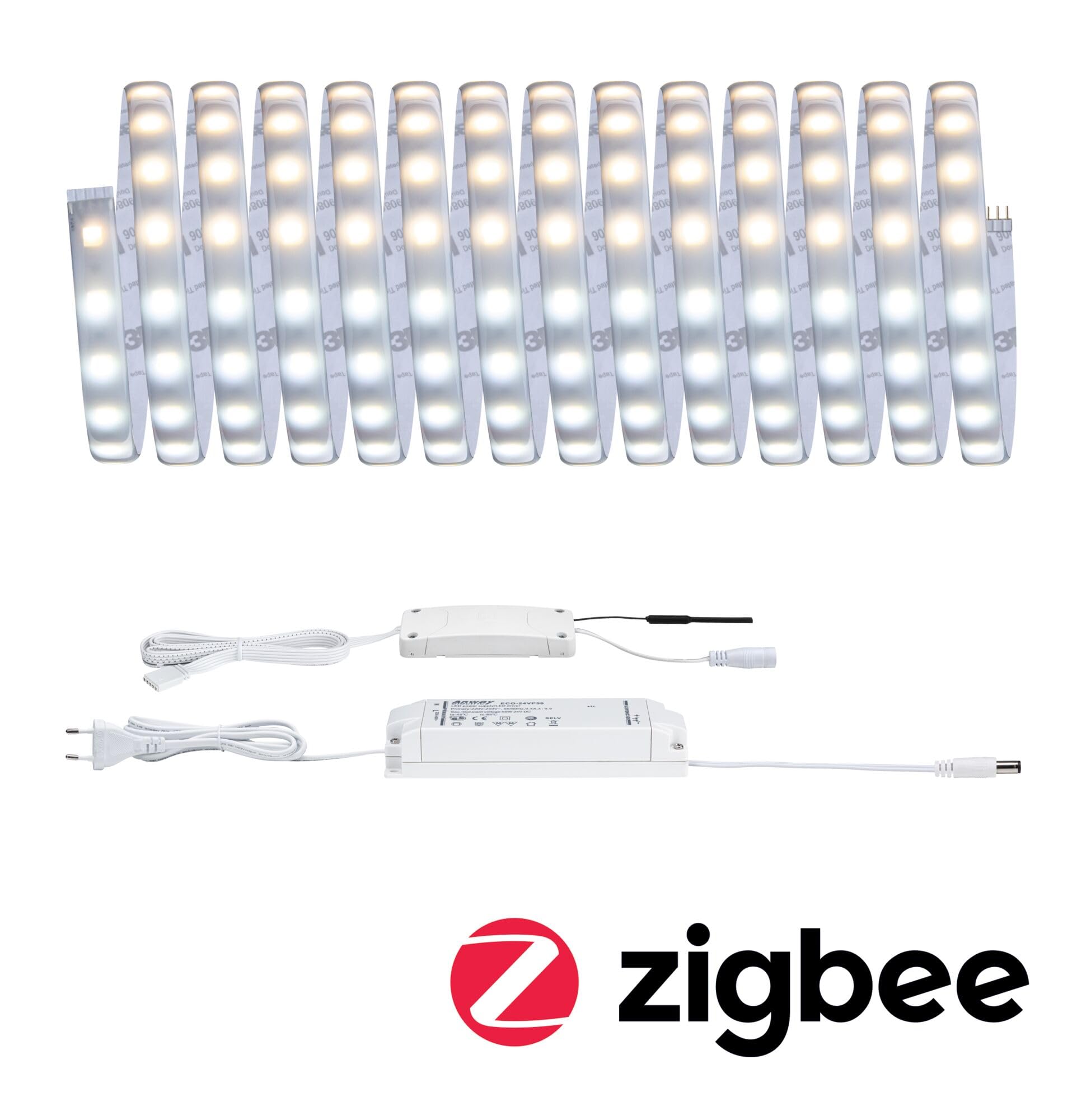 Paulmann 78873 Strip LED MaxLED 500 set básico SmartHomeZigbee TunableWhite 5m IP44 26W 230/24V 2750lm plateado, tira luz LED, resistente salpicaduras