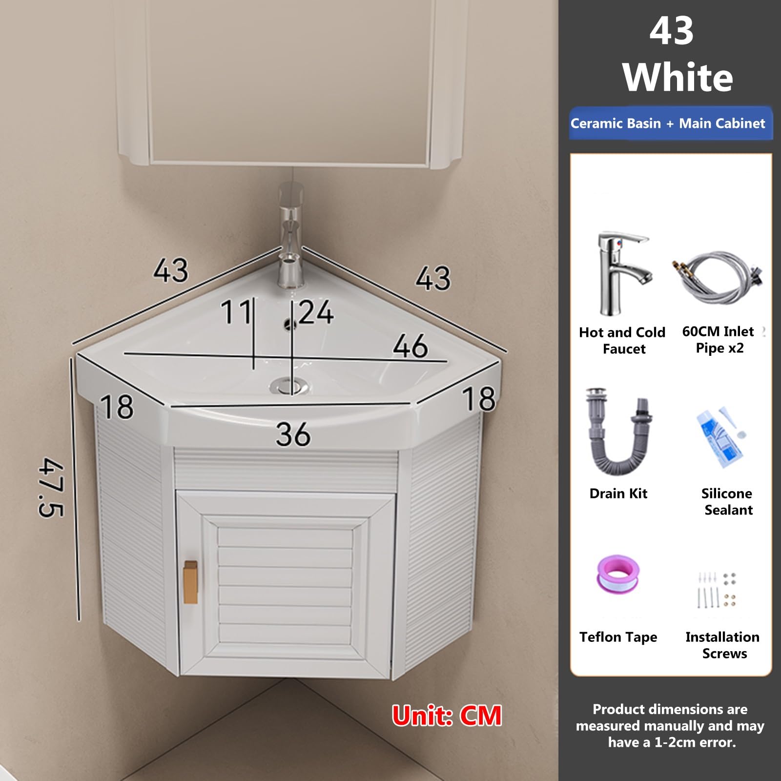 SDdPulse Armadietto da bagno moderno ad angolo con lavabo a parete e rubinetto caldo e freddo, grande spazio per piccoli spazi, ideale per la cucina di casa o P, bianco, 43 cm