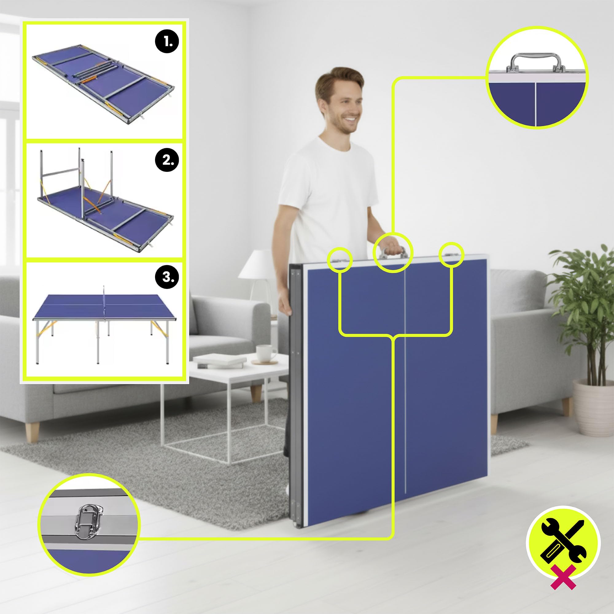 HyperMotion HYP32 Table de Ping Pong Pliante pour Enfants et Adultes, Modèle Compact d’Intérieur avec Filet, Raquettes et Balles, Facile à Transporter