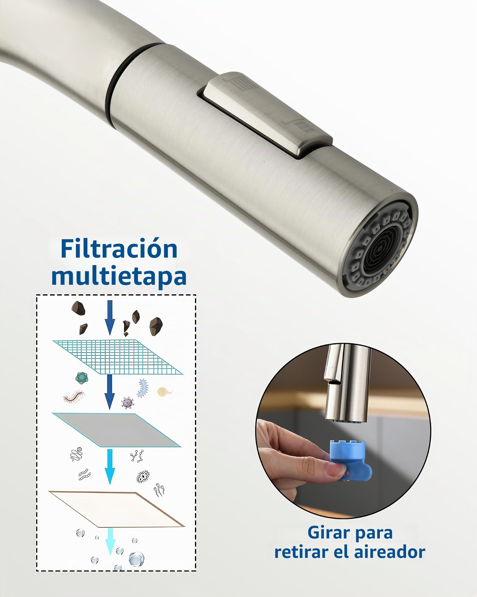 Grifo de Cocina con Ducha Extraíble, Mezclador para Fregadero de Alta Presión, Acero Inoxidable, Giratorio 360°, 2 Modos de Chorro, Grifo de Cocina Moderno