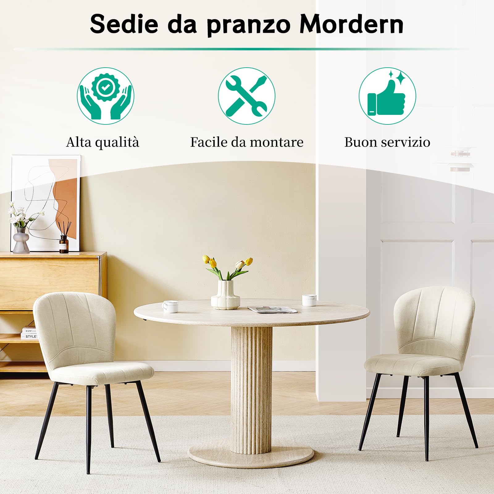 WAFTING Set di 4 Sedie da Pranzo, Sedia a Forma di Conchiglia in Ciniglia e Gambe in Metallo, Comfort Moderno per la Casa e l'Ufficio, Beige
