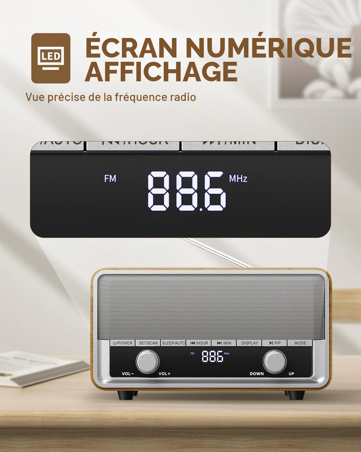 Radio AM FM rétro avec prise murale numérique pour chambre à coucher avec écran LCD, 40 préréglages, minuterie de sommeil, haut-parleur Bluetooth rétro pour bureau, excellent cadeau en bois