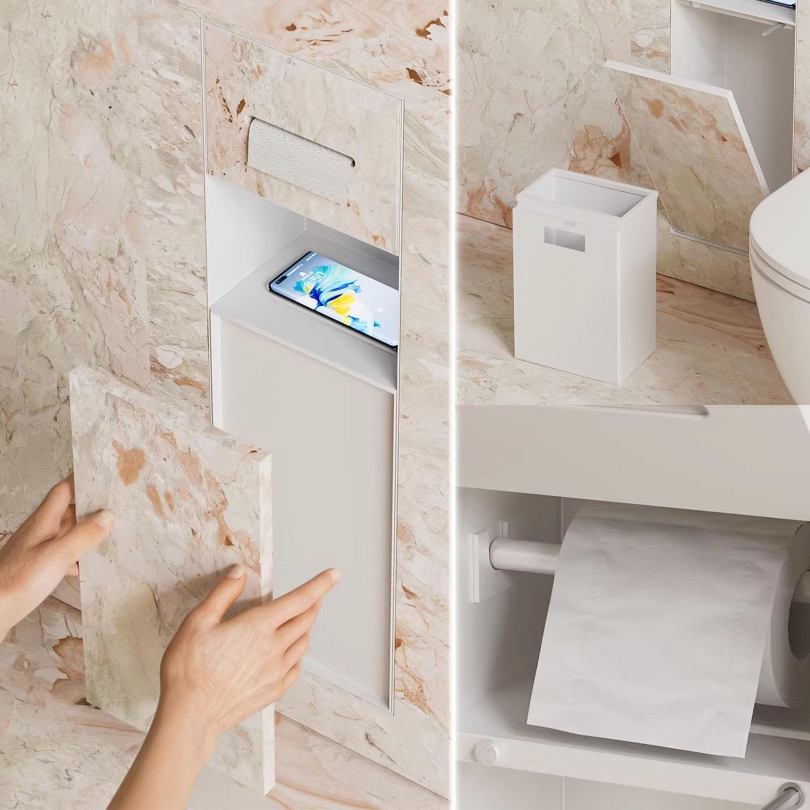 Vibeo Portarrollos Empotrable Portarrollos de Papel Higiénico Empotrado con Papelera, Nicho de Pared Empotrado Revestible con Azulejos, Organizador de Baño Empotrado