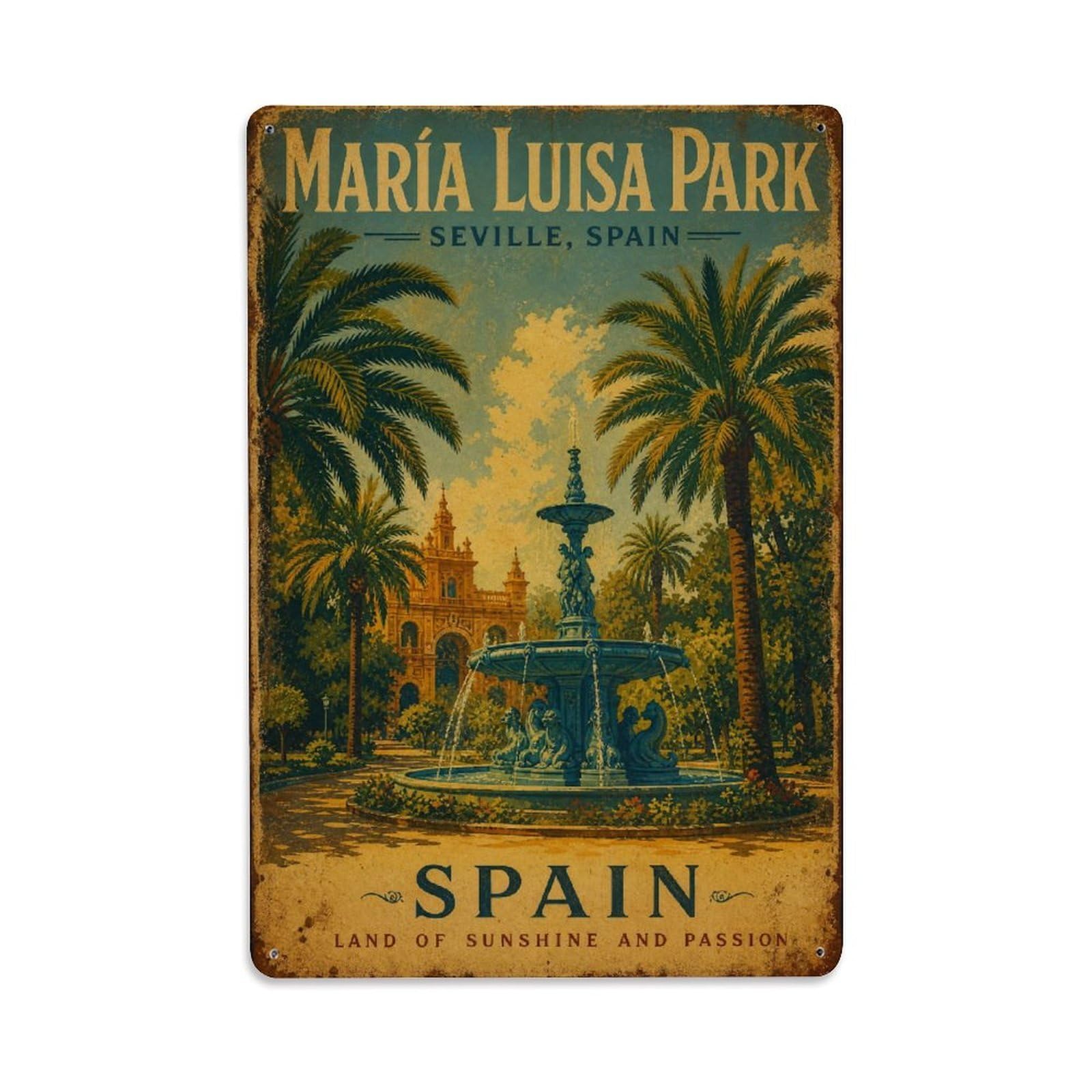 Vintage Maria Luisa Park Palm Trees Fountain Spain Metal Tin Sign