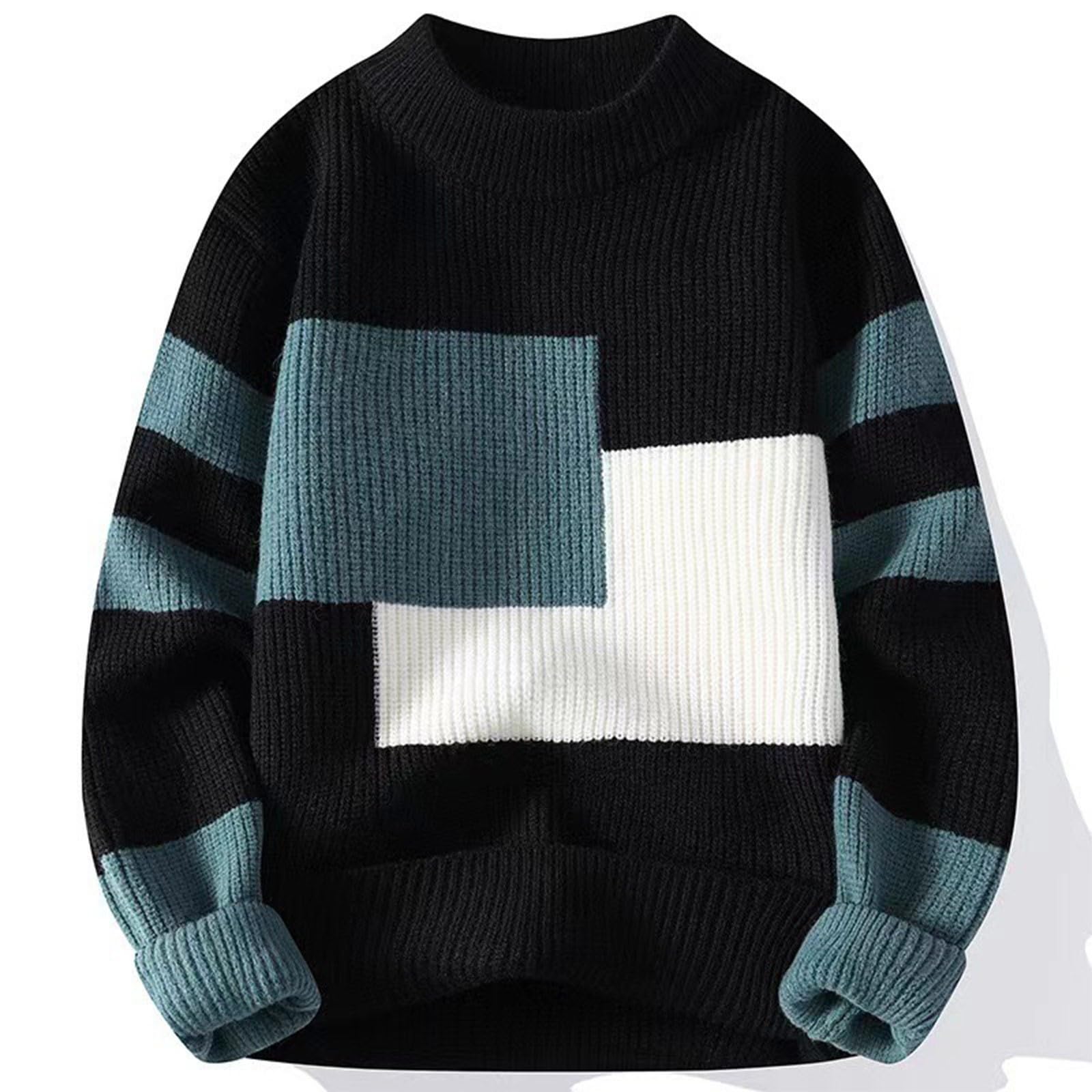 Herrenpullover Rundhals Grobstrickpullover Langarm Winterpullover Warm Strickpulli Sport Langarmshirt Farbblock