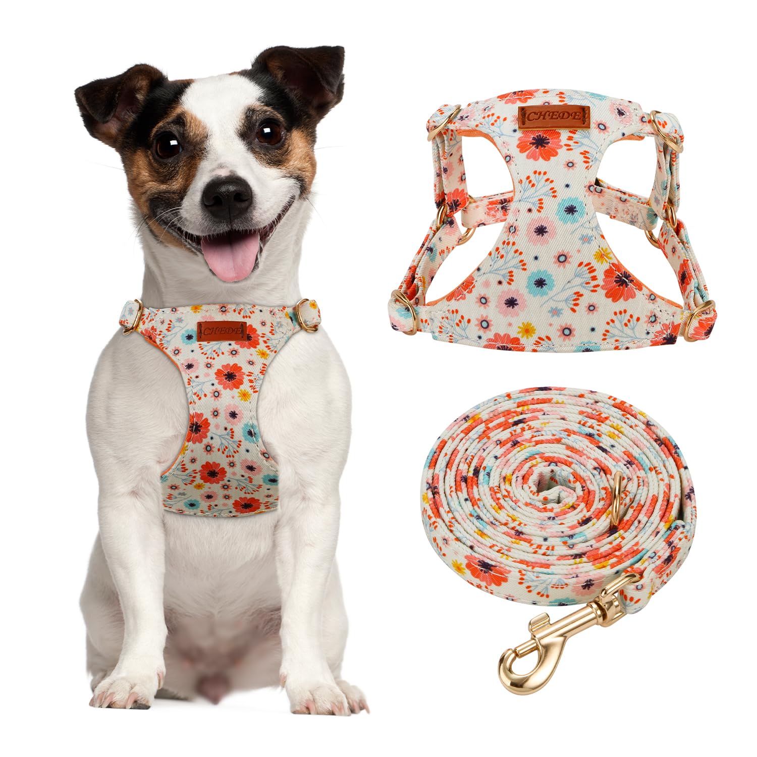 CHEDE No Pull Floral Pattern Dog Harness- Lightweight and Soft Dog Harness, Adjustable Small Dog Harness and Leash Set, with Dog Leash, Suitable for
