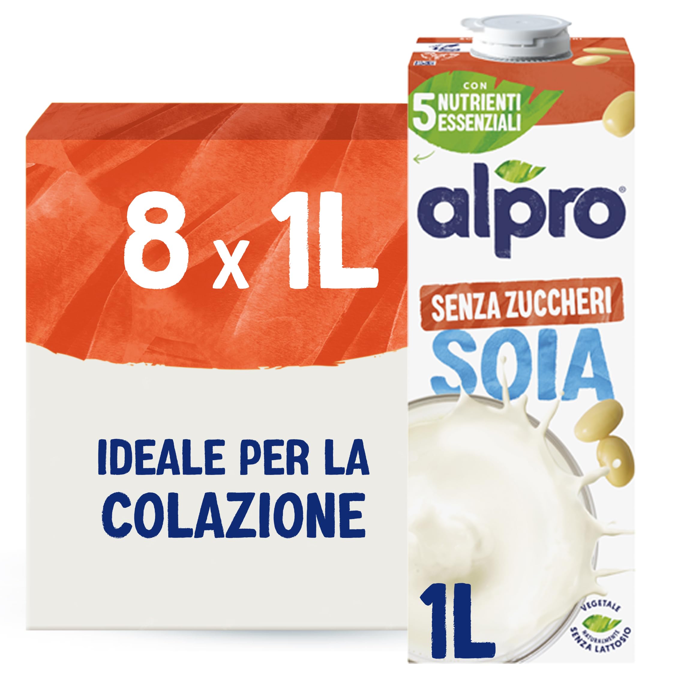 ALPRO SENZA ZUCCHERI, Bevanda alla SOIA, Alternativa Vegetale al Latte, Naturalmente Senza Lattosio, con Vitamine B2, B12 e D2 - 8 confezioni x 1 Litro