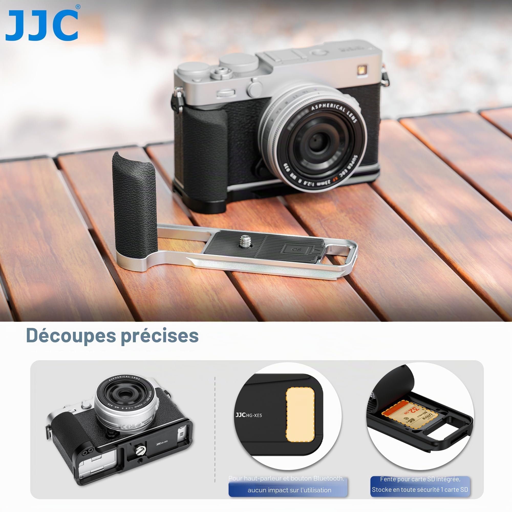 Poignée métallique en L JJC avec Bouton d'obturateur Compatible avec Fujifilm X-E5, XE5, Quick Release Arca, poignée avec Peak Design Capture Camera Clip V3, Emplacement SD intégré, Noir