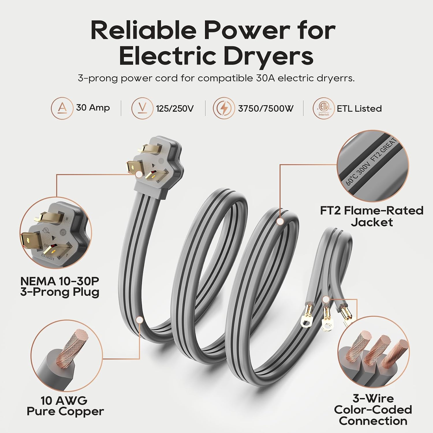 TOPDC 3 Prong Dryer Cord, 5FT 30A Pure Copper, NEMA 10-30P, ETL Listed