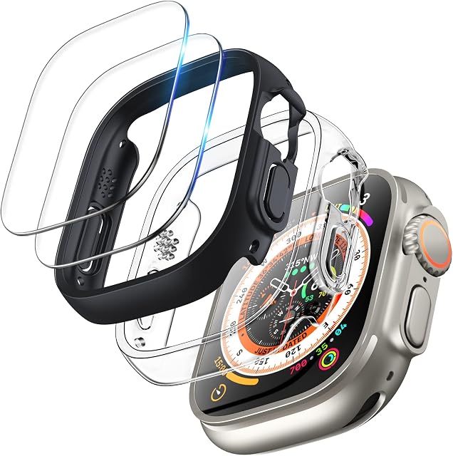 TOCOL 2+2 Pack for Apple Watch Ultra Case 49mm, 2 Pack iWatch Ultra 49mm Case and 2 Pack Tempered Glass Screen Protector, Double Protection 9H Hardness HD Clear Easy Installation - Black+Clear