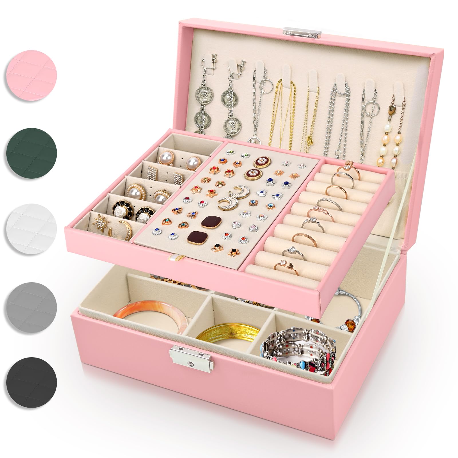 Eucomir Porta Gioielli Donna, Porta Gioielli da Viaggio Grande Gioielli Scatola Organizer 2 Strati Porta Gioielli Bambina in Pelle PU per Anelli Bracciali Orecchini Collane,Rosa Chiaro