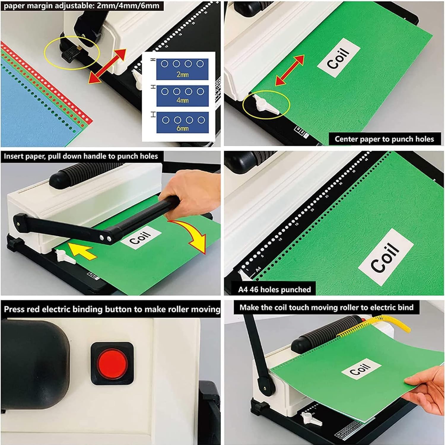 Relieuse à bobine électrique, perforatrice peigne à 46 trous, 3 marges de perforation, relie jusqu'à 250 feuilles, compatible avec papier format A4, LTR, A5 – Utilisation au bureau ou à la maison