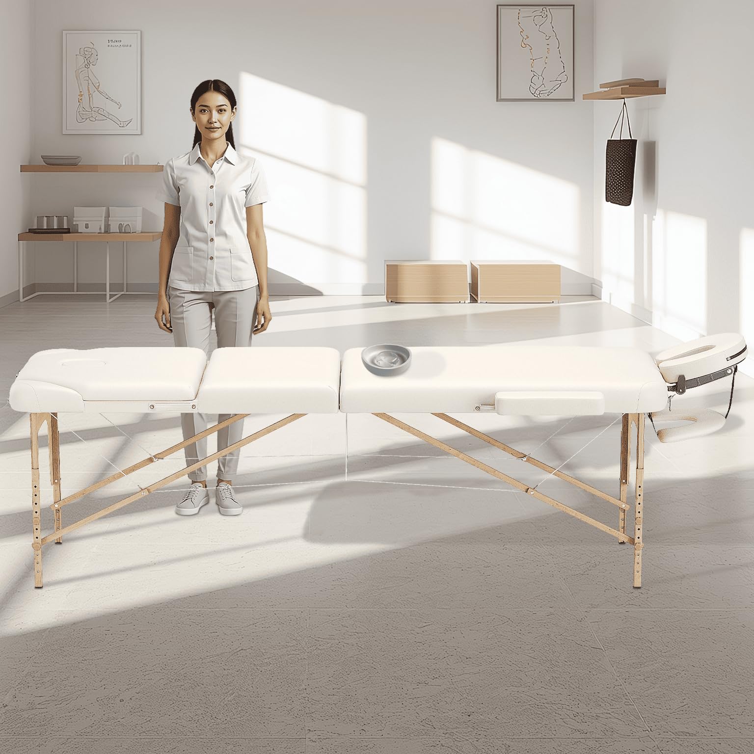 BELTOM® Camilla de Masaje 3 Zonas Nuevo Modelo portatil Mesa Cama Banco Plegable Reiki - Crema