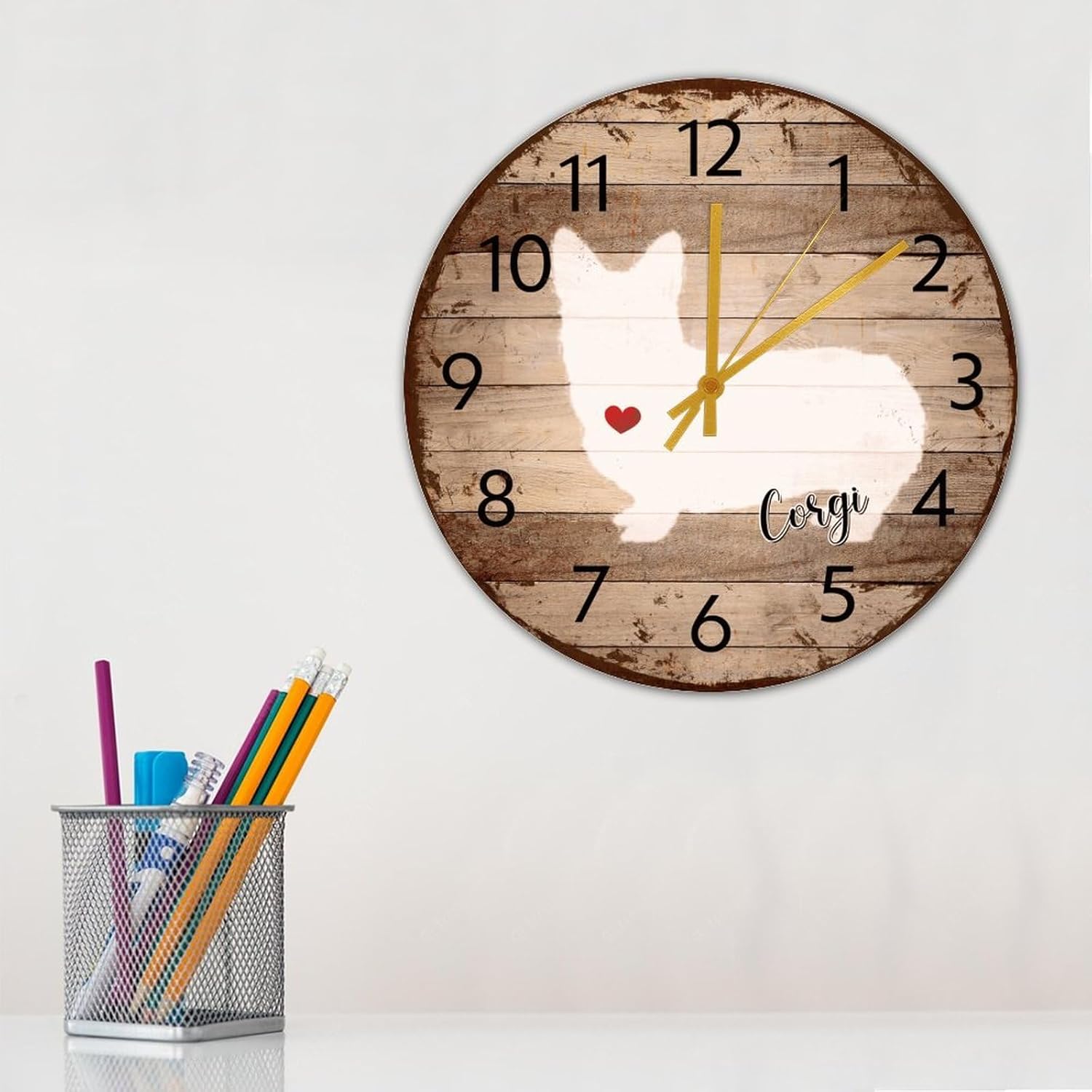 Wooden Wall Clock Battery Operated Non Ticking Corgi Country Wall Clocks Dog Breed New Puppy Wooden Wall Decor for Family Room Garage Children's Room 15 Inch