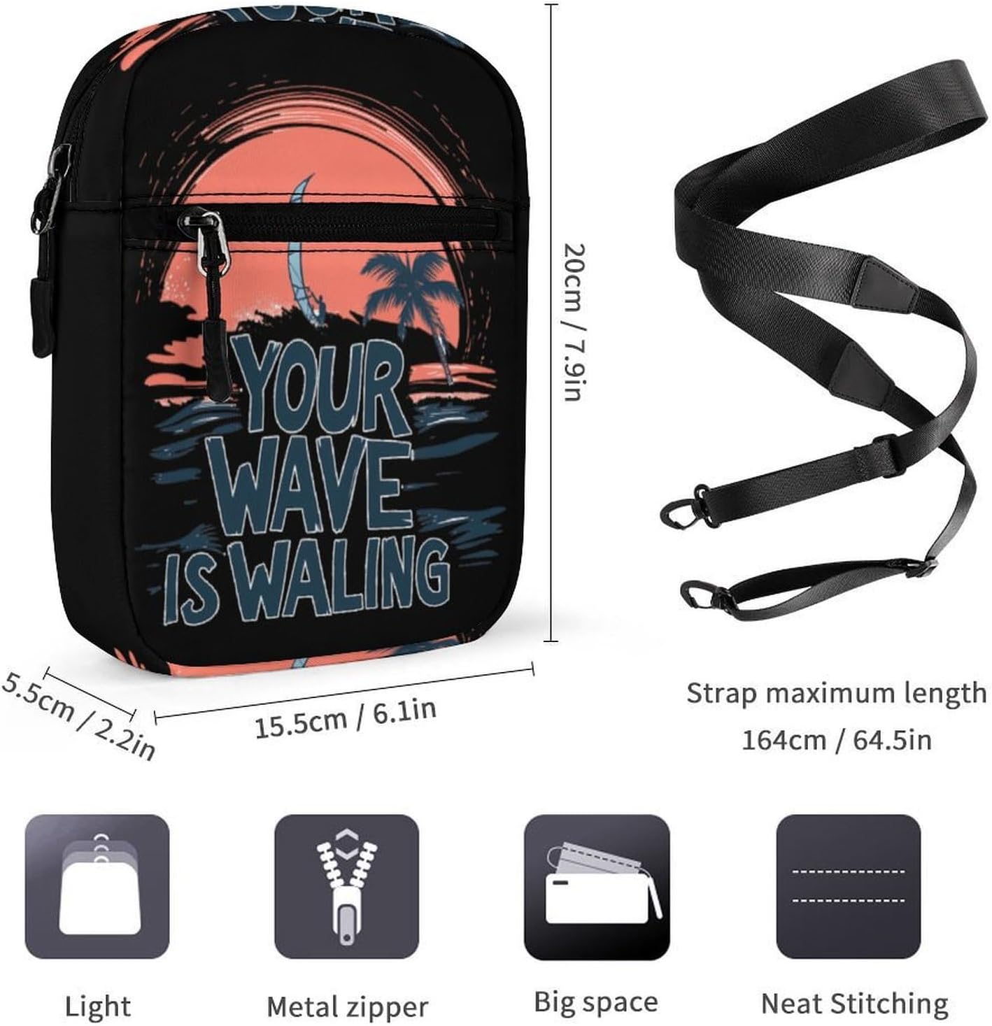 Windsurfing Your Wave Is Waling Small Crossbody Bag Sling Shoulder Satchel | for women men,work travel workout,detachable and adjustable shoulder strap