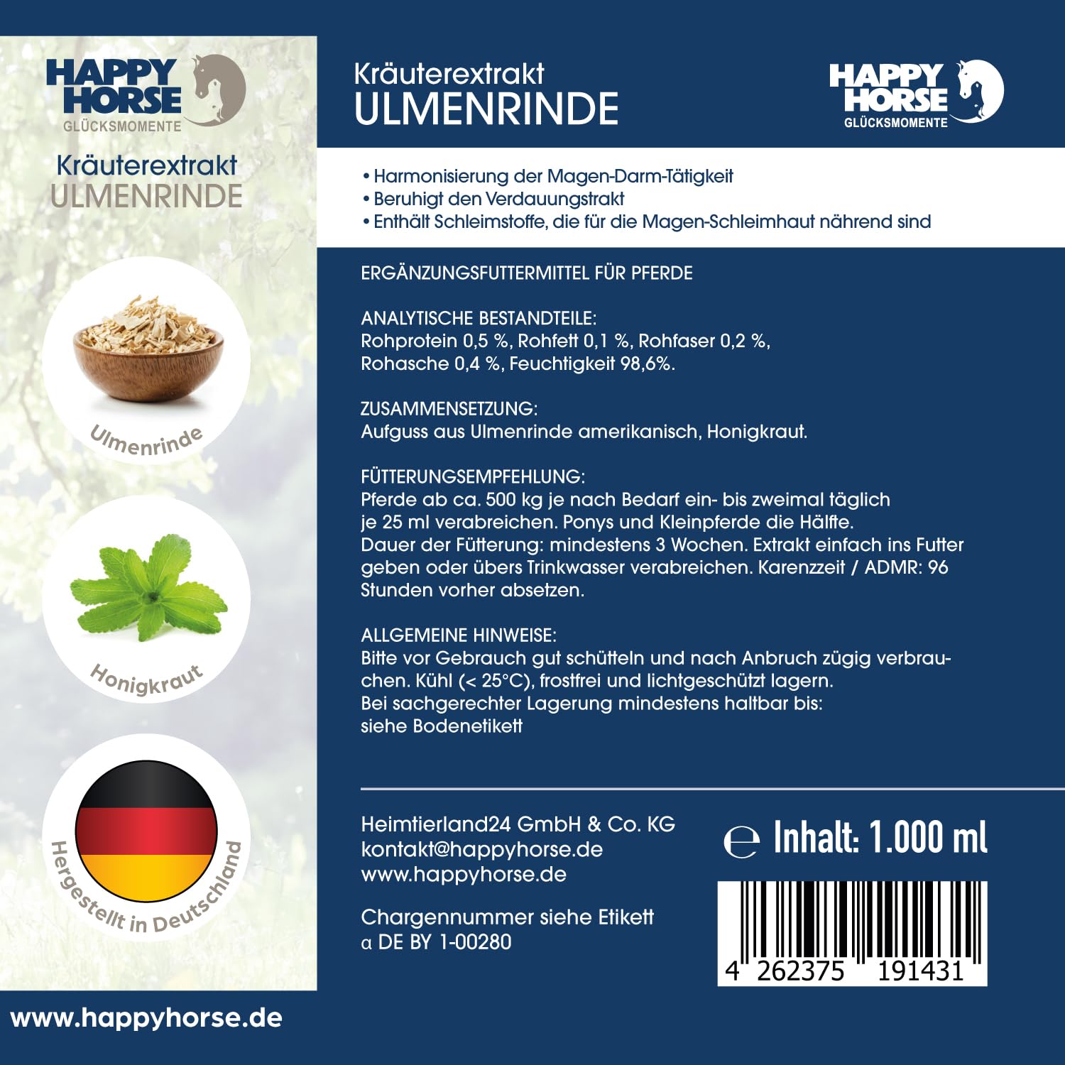 HAPPY HORSE Ulmenrinde 1.000 ml | Ergänzungsfuttermittel für Pferde mit empfindlichem Magen-Darm-Trakt | 100 % pflanzlich | Mit Schleimstoffen & Honigkraut | Made in Germany