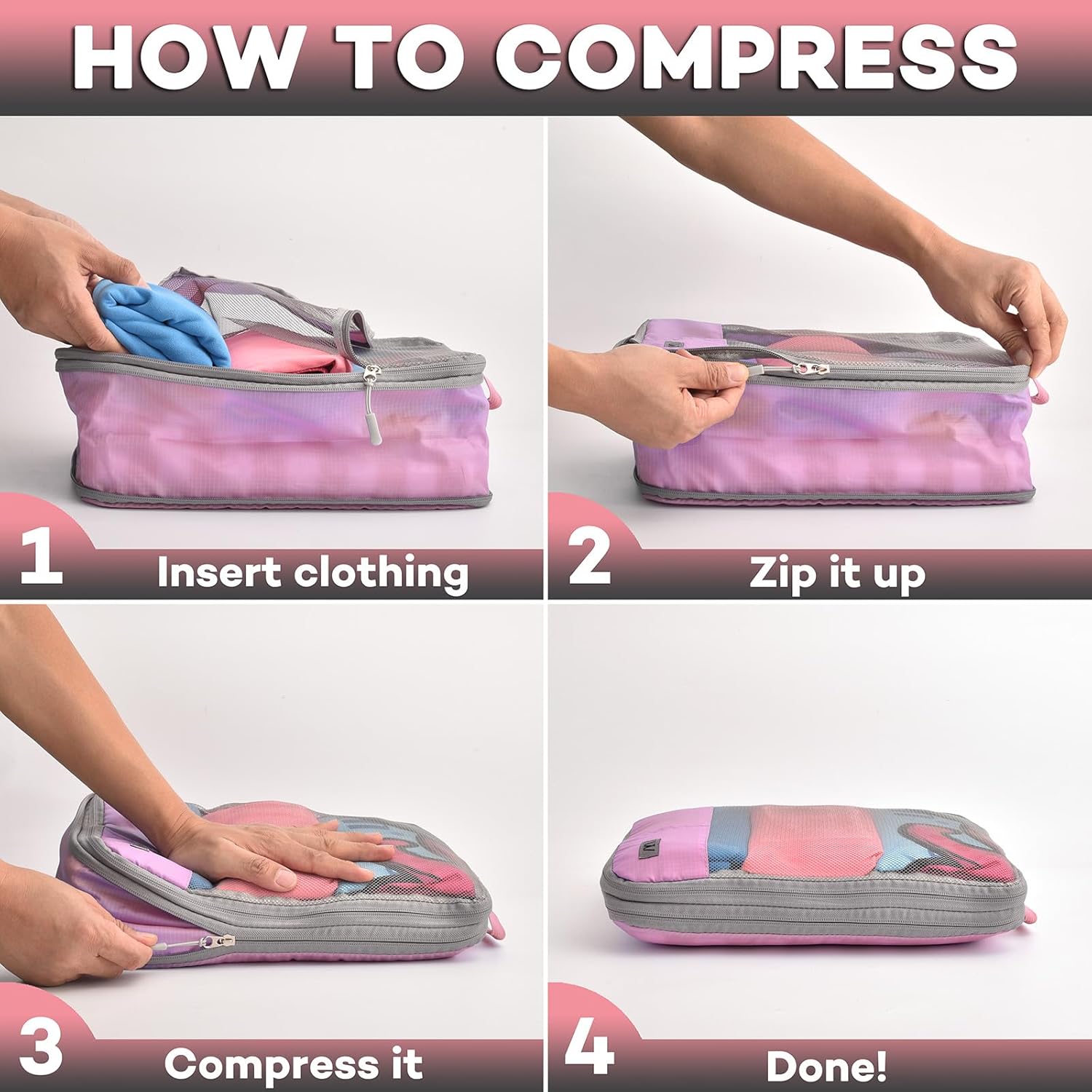 Compression Packing Cubes - WONGLE 12 pc Set His and Hers Family Travel Organizer Compressible Packing Cubes for Suitcases, Luggage Organizer Bags, Travel Accessories, Shoe Bag (Pink/Black)