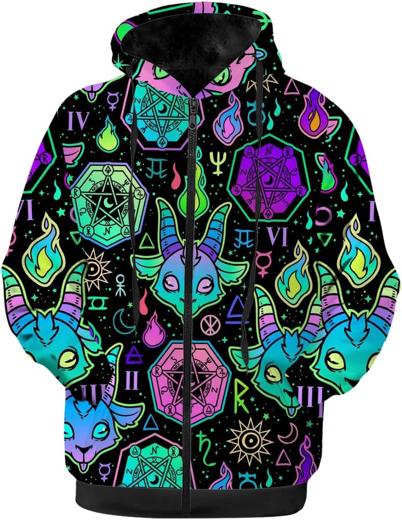 Satanic Jackets for Men Women,Winter Black Fleece Lined Zip-up Hoodie Warm Sweatshirt Coat