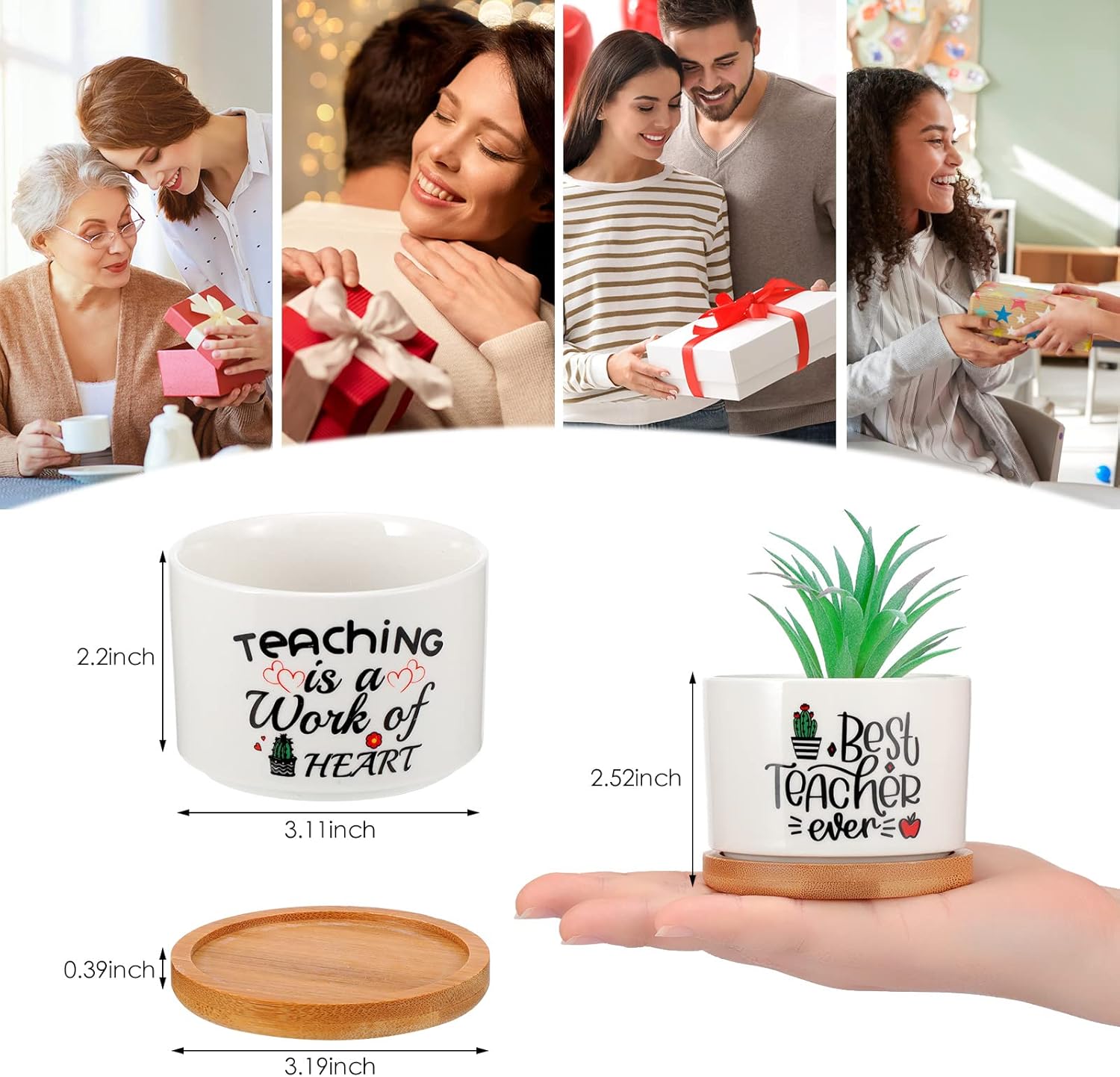Potchen 6 Pcs Teacher Appreciation Gifts Bulk Succulent Pots Thank You for Helping Me Grow Planter with Bamboo Tray Funny Ceramic Succulent Gifts for Teacher, Women, Coworker