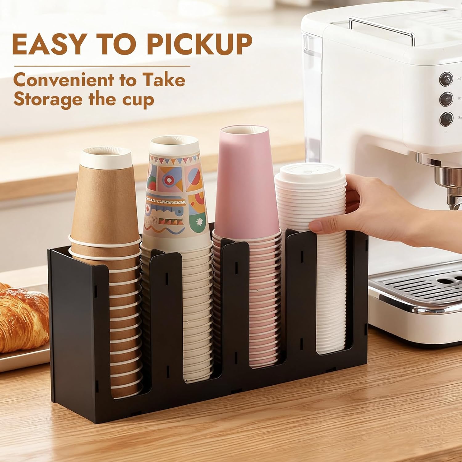 CURTA 4 Compartment Splicing Disposable Paper Cup Dispenser, Coffee and Lid Storage Organizer Holder for Countertop Bar,Restaurant,Breakroom,Party, Black