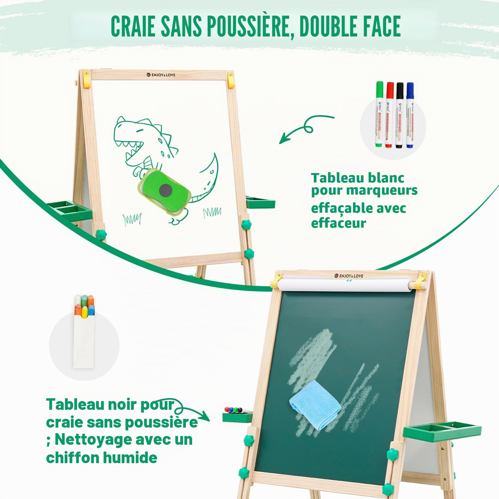 Chevalet Pour Enfants, Chevalet en Bois Réglable en Hauteur Pour Enfants, Plateau Pour Enfants Double Face avec Support de Rangement, Rouleau de Papier, Tableau Blanc,Lettres Magnétiques, Pliable