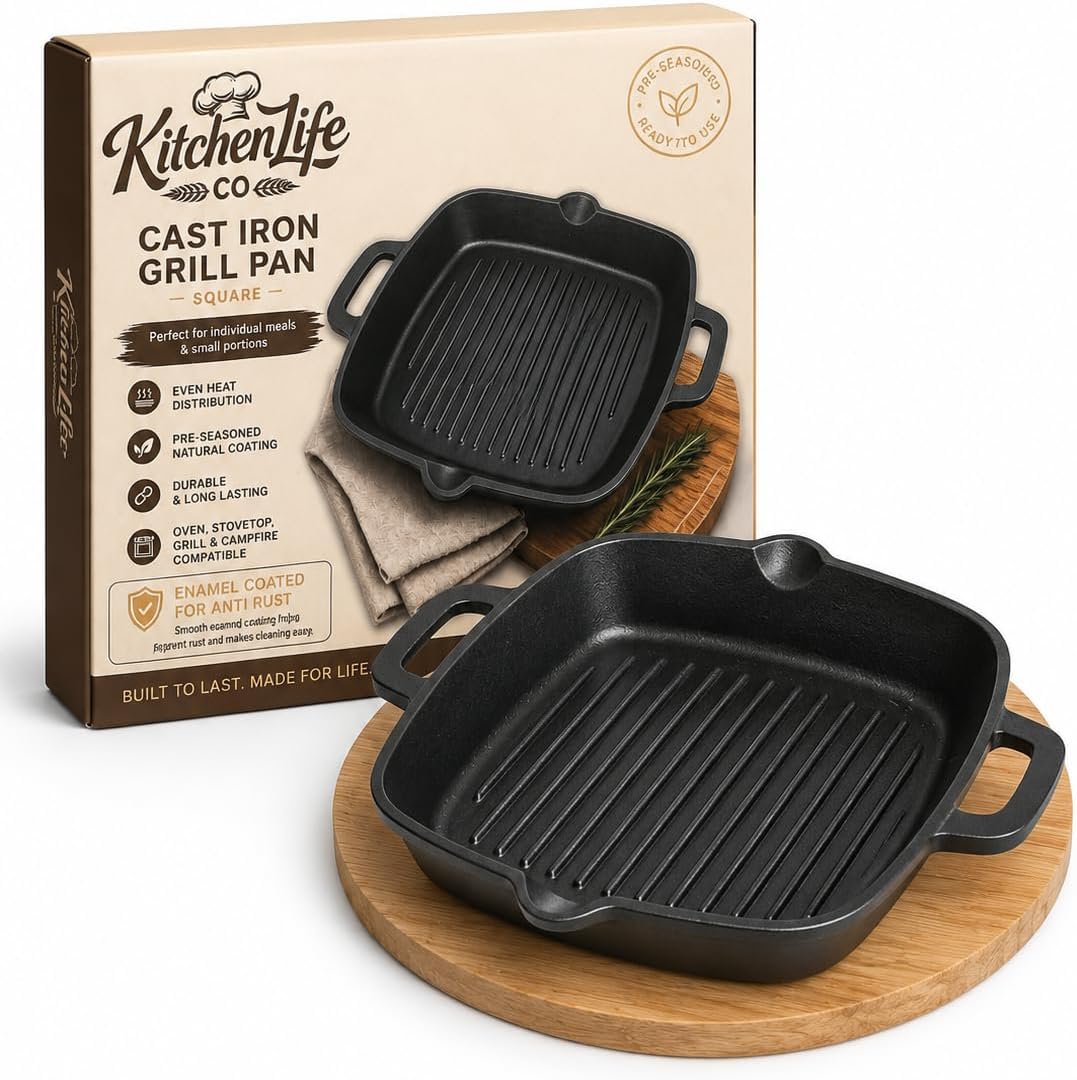 8.5" Personal Sized Pre-Seasoned Cast Iron Grill Pan with Heat-Resistant Oak Wood Base, Square Stovetop Pan with Dual Handles & Pour Spouts, Oven & BBQ Ready, Lasts Decades