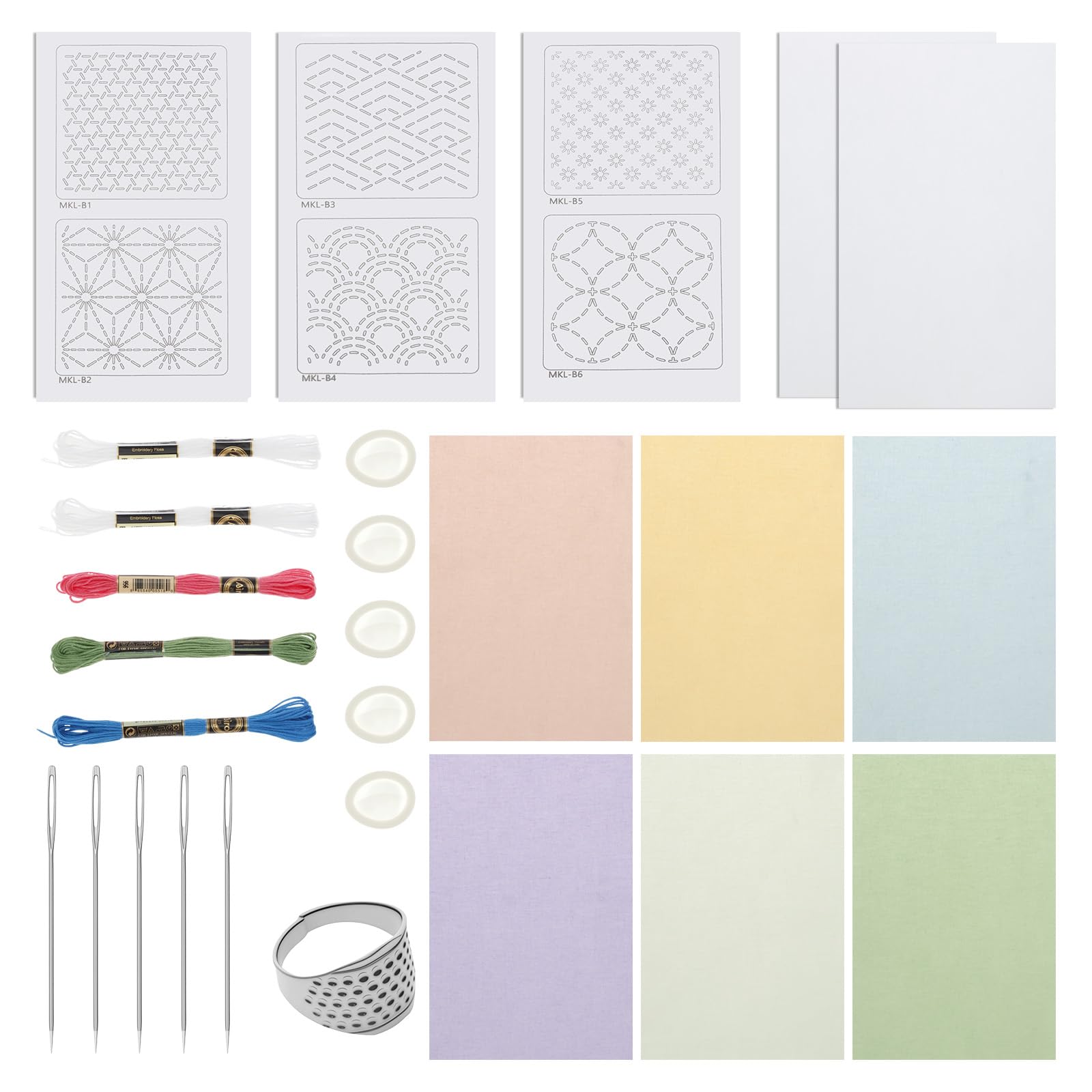 Ghshanog 27Pcs Sashiko Stencil Kit,Sashiko Water Soluble Template Kit for Beginners,Include Sashiko Thread, Needles Template and Fabric,Thimble Sewing Set for Embroidery Lovers(Style 2)