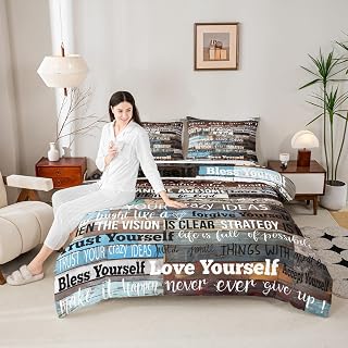 Homewish Inspirational Quotes Comforter Set Queen,Wood Stripes Bedding Set 3pcs for Kids Teens Adult Room Decor, Graffiti Modern Quilt Set Brown Black and White Duvet Insert with 2 Pillowcases