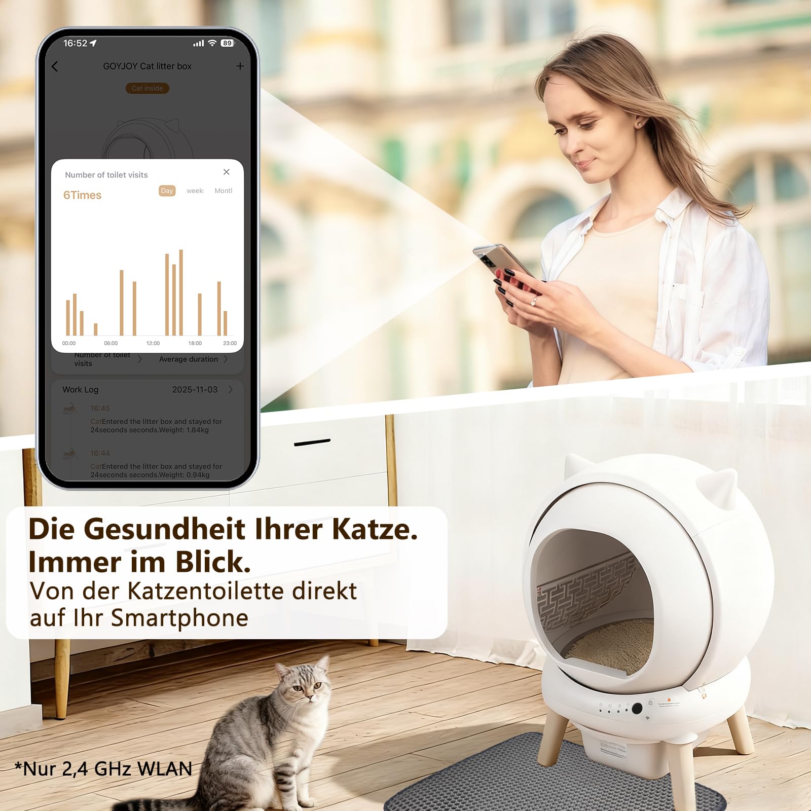 Katzenklo Selbstreinigend,73L Selbstreinigende katzentoilette mit App,Sicherheitssensoren(Anti-Pinch),Geruchsschutz,Gesundheitsmonitoring,Automatisches Katzenklo für Mehrere Katzen(Katzenstreumatte)