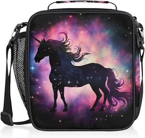 Lonchera con diseño de unicornio y galaxia arcoíris para niños y niñas, bolsa de almuerzo aislada con correa ajustable para el hombro, reutilizable,