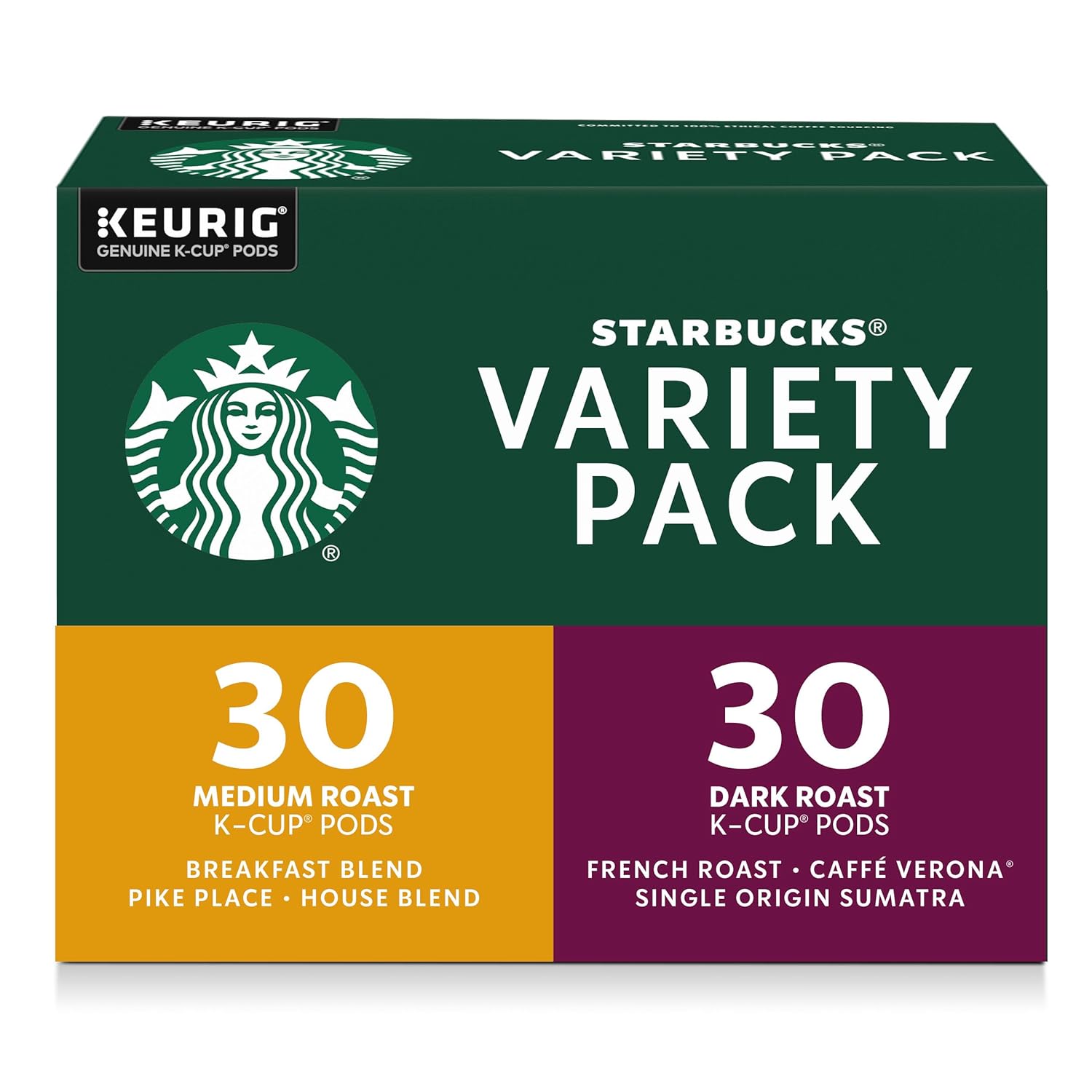 Starbucks K-Cup Coffee Pods, Starbucks Blonde, Medium and Dark Roast Hot or Iced Coffee, Variety Pack, 60 Keurig Pods