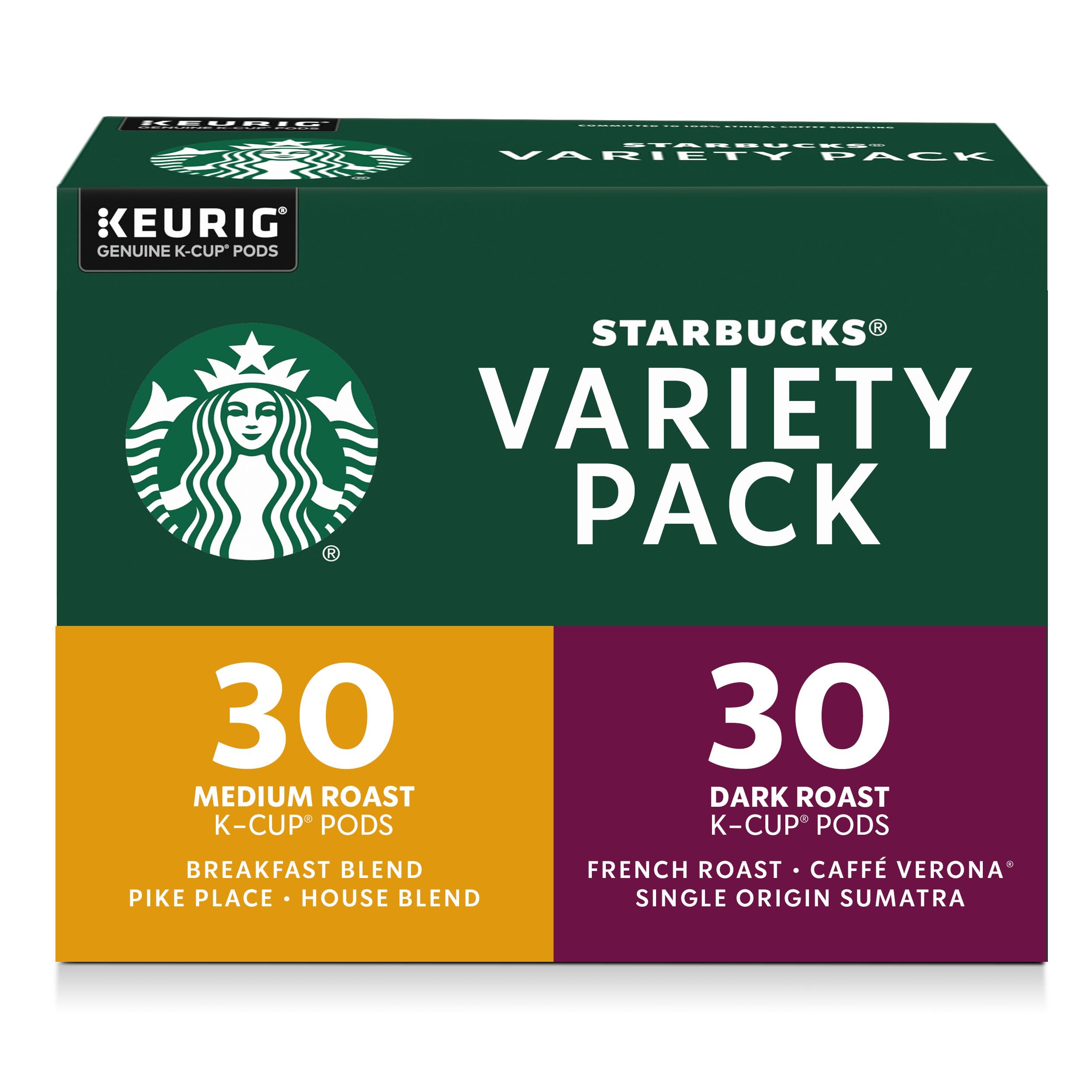 Starbucks K-Cup Coffee Pods, Starbucks Blonde, Medium and Dark Roast Hot or Iced Coffee, Variety Pack, 60 Keurig Pods