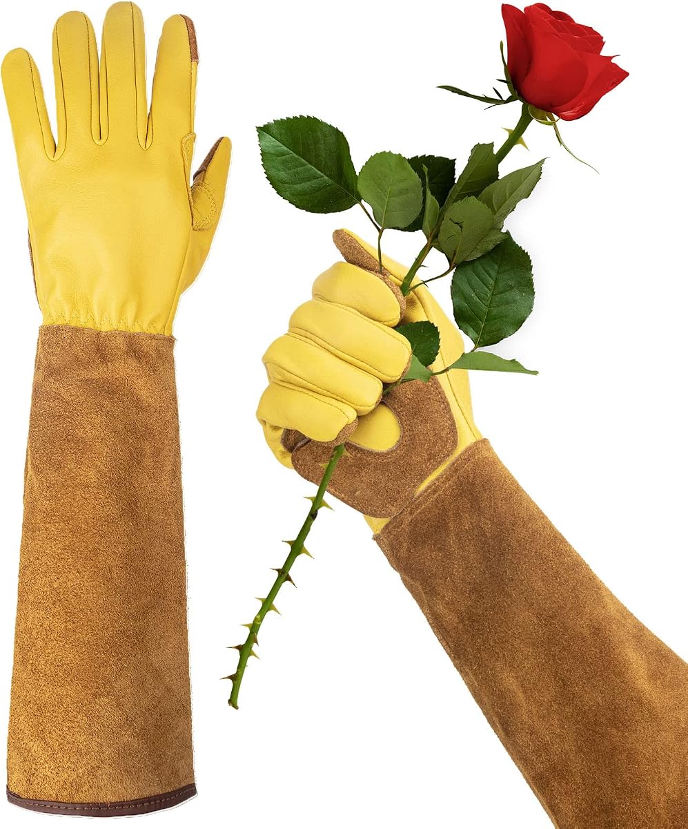 Guantes largos de jardinería para mujer a prueba de espinas, guante de jardín de cuero de vaca para poda de rosas para cactus, rosas y moras