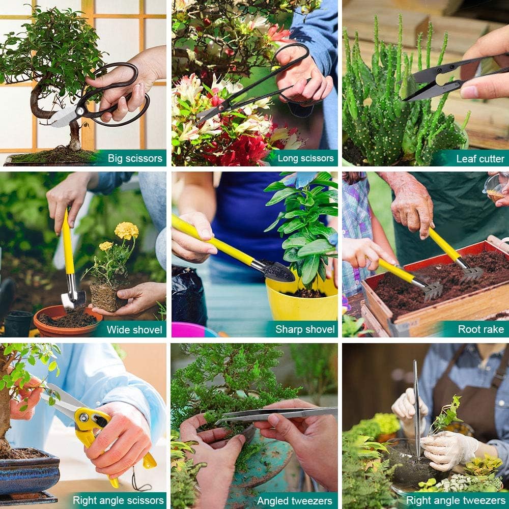 MOSFiATA Kit Bonsai, Herramientas Bonsai Incluyen Tijeras Bonsai, Alambre Bonsai, Guante jardín, Mini Rastrillo, Pala y Tijeras de Podar para Jardineria Casera y Plantas de Balcón, 19 Pcs