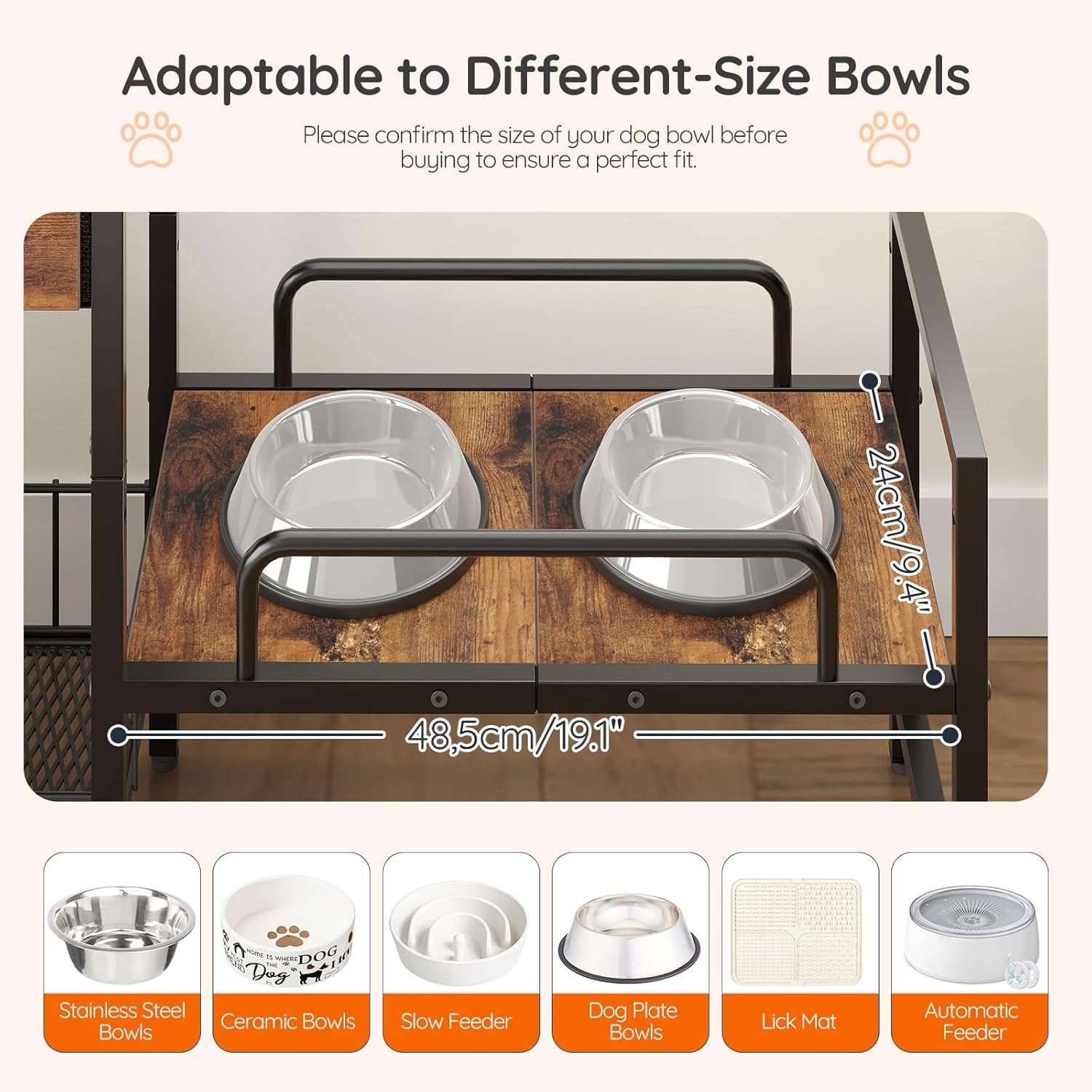 HOOBRO Raised Dog Bowl Stand with Storage, Lifted Feeding Station, Elevated Bowl Holder, 4 Adjustable Heights, for Large Medium Small Dogs, with 1 Drawer and 2 Hooks, Rustic Brown BF23PO03G1